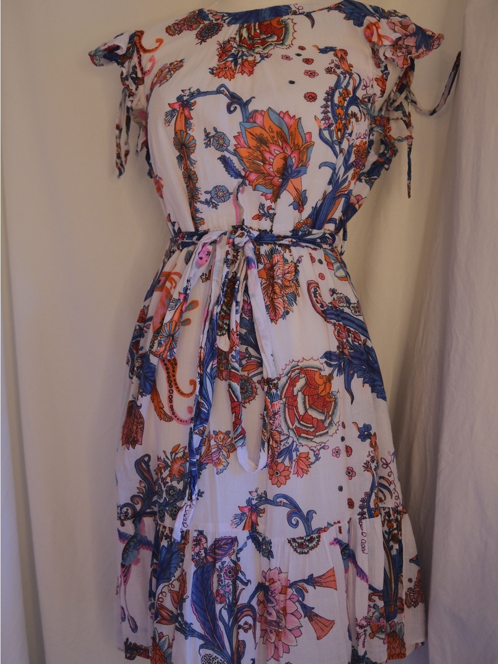 Banjanan Anthropologie Floral Cotton Mini Dress Tie Sleeve Boho M